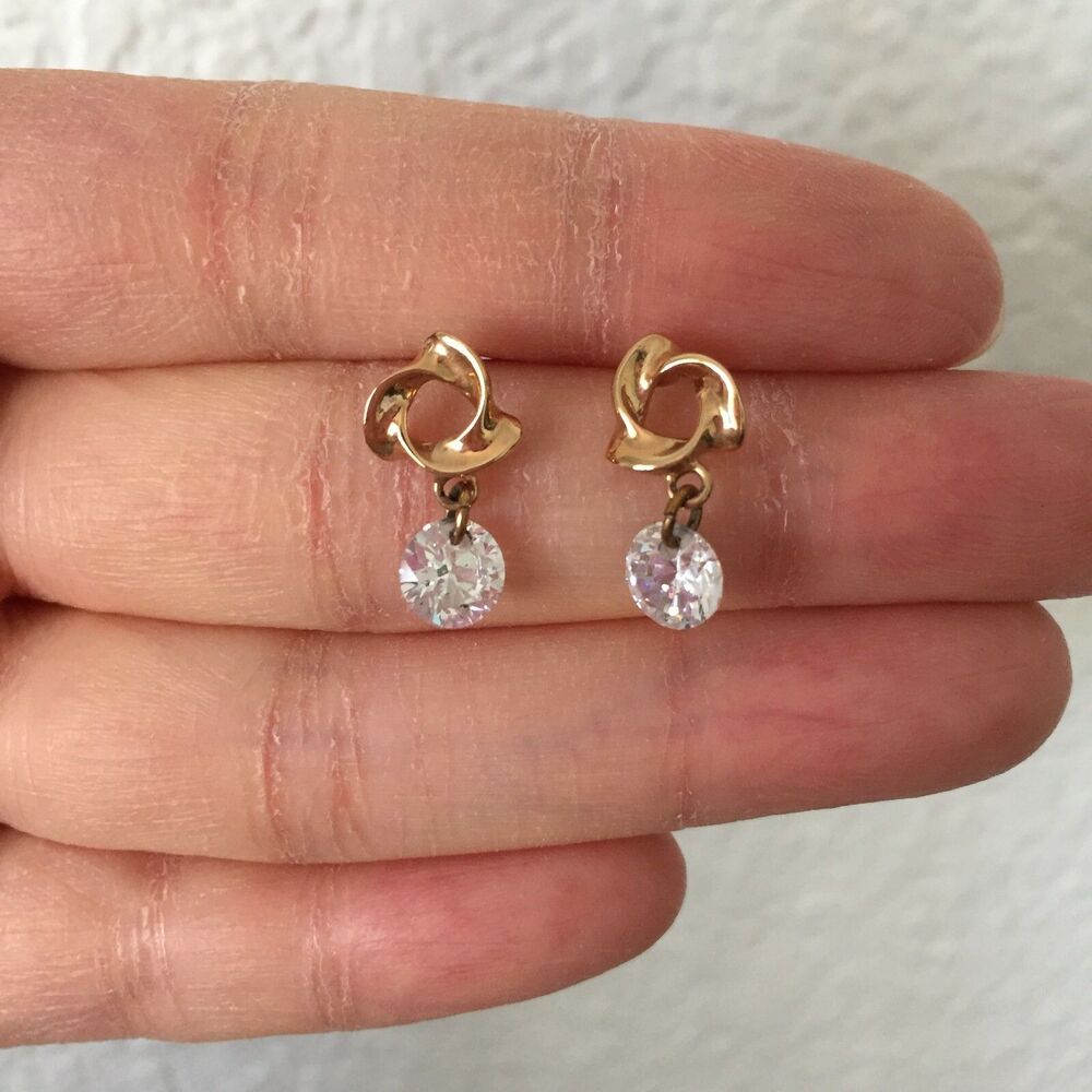 Triangle Swirl Gold Toned w/ Crystal Cubic Zirconia CZ Stud Drop Earrings 6mm